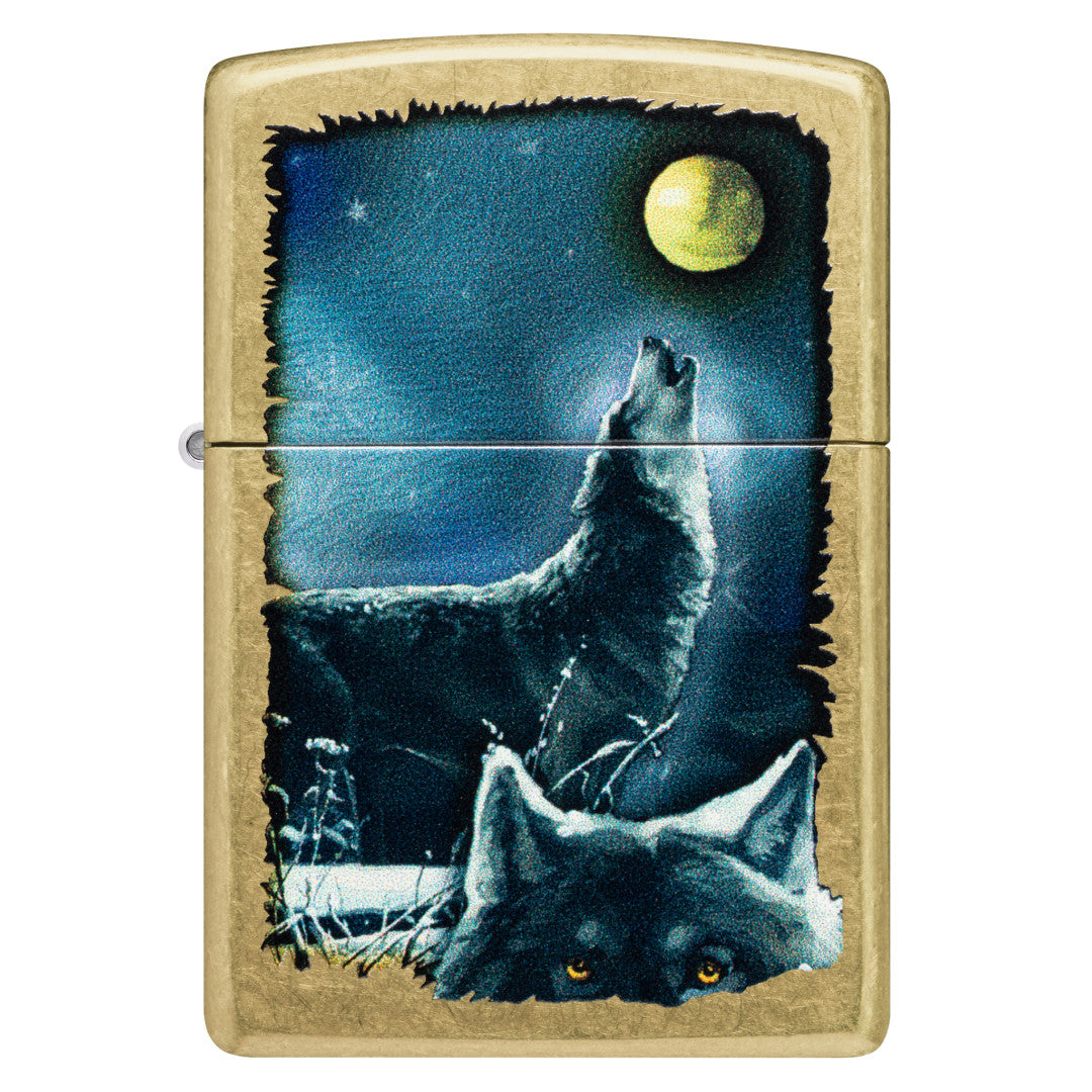 Front view of Zippo Wolf Song Design Street Brass Windproof Lighter.