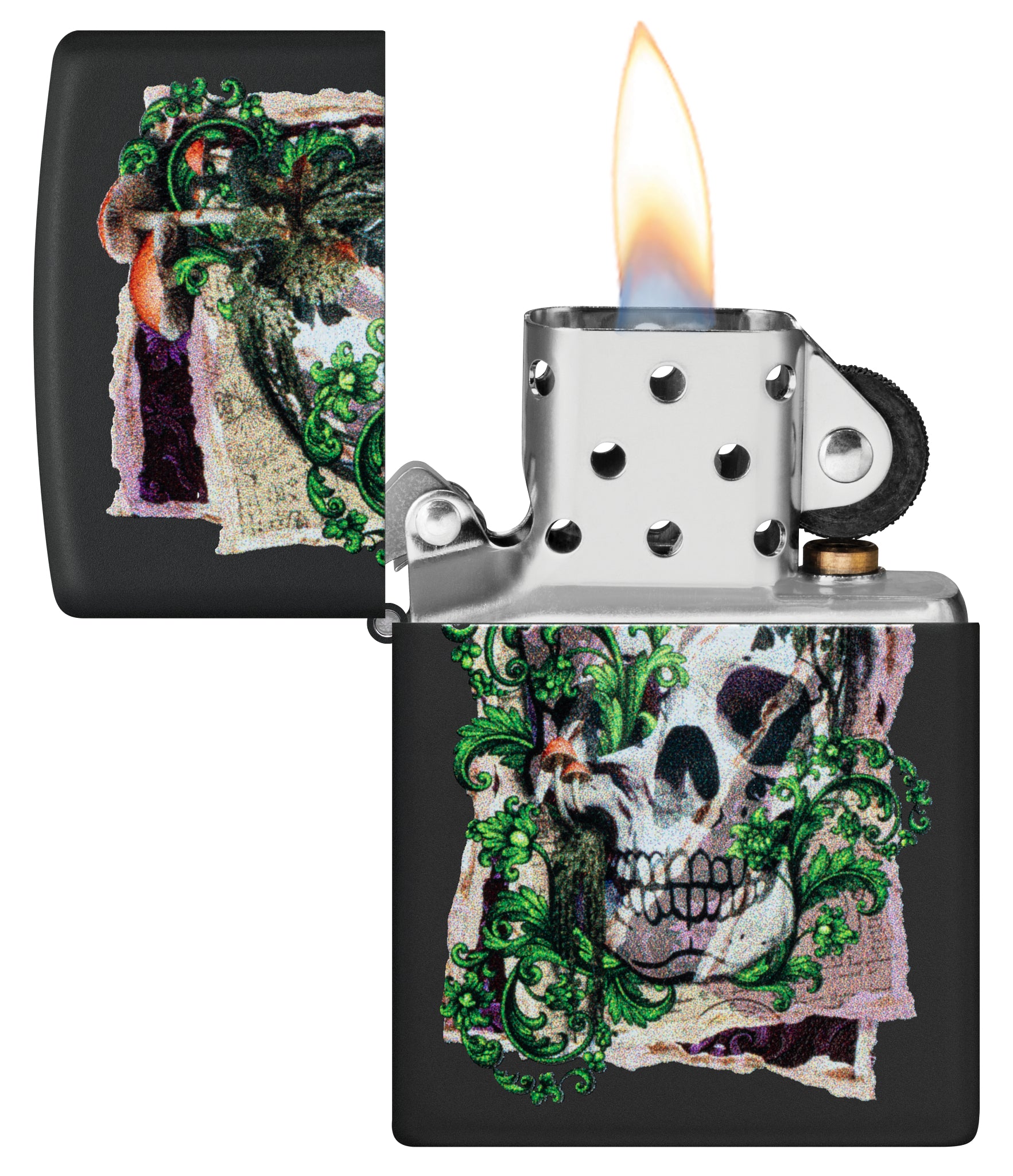 Zippo Skull Collage Design Black Matte Windproof Lighter with its lid open and lit.