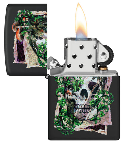Zippo Skull Collage Design Black Matte Windproof Lighter with its lid open and lit.