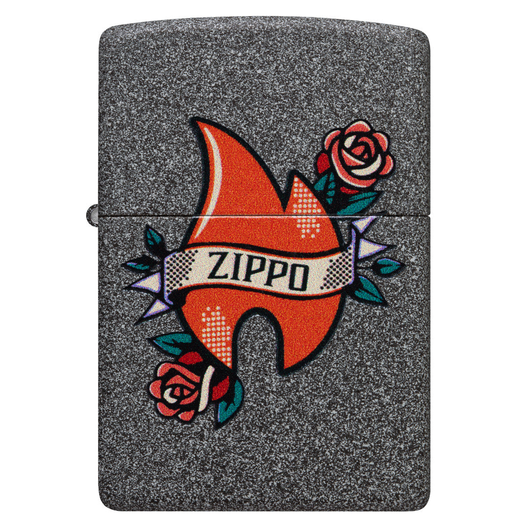 Front view of Zippo Flame Tattoo Design Iron Stone Windproof Lighter.