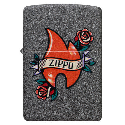 Front view of Zippo Flame Tattoo Design Iron Stone Windproof Lighter.