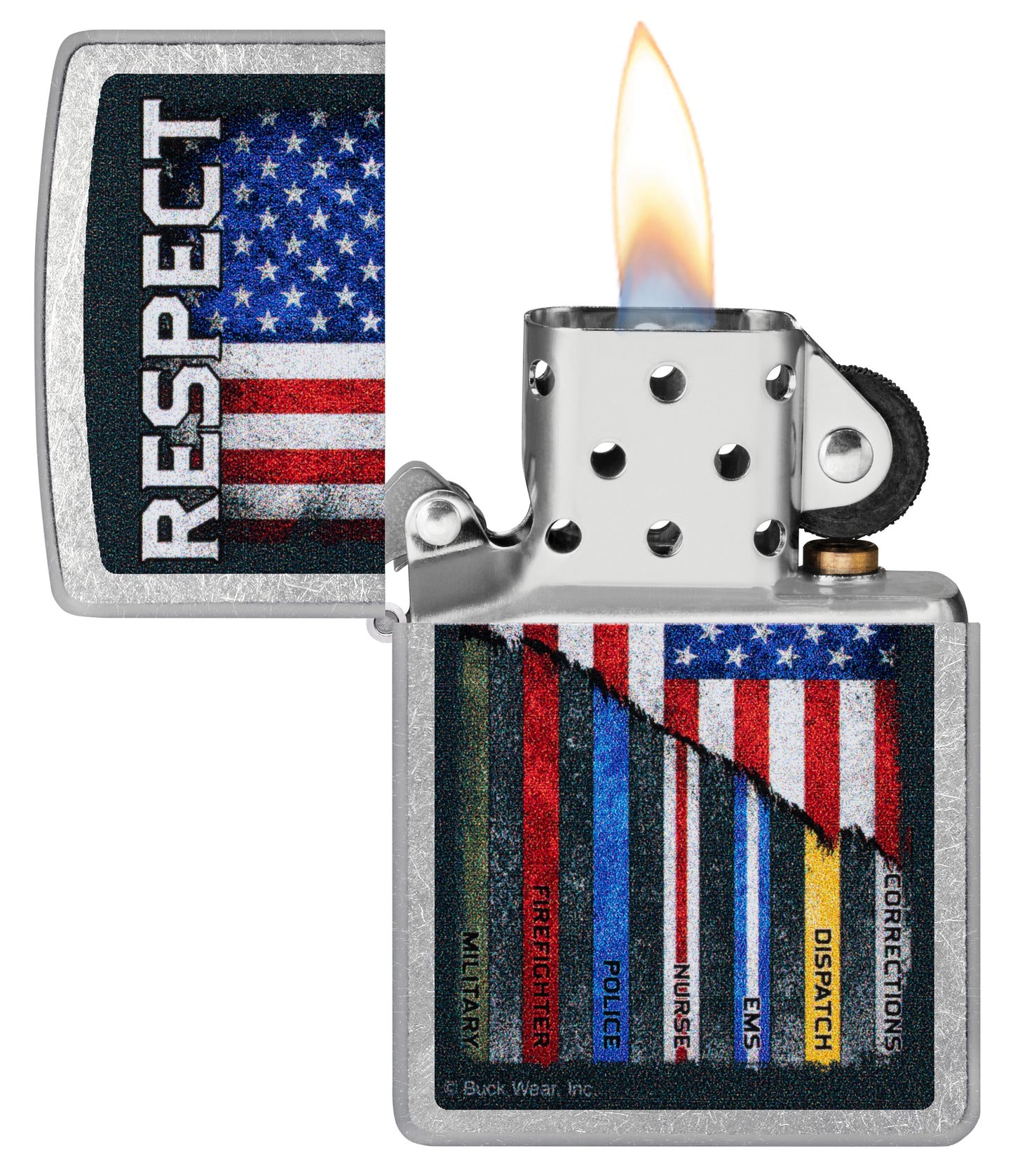 Zippo Buck Wear Respect Design Street Chrome Windproof Lighter with its lid open and lit.