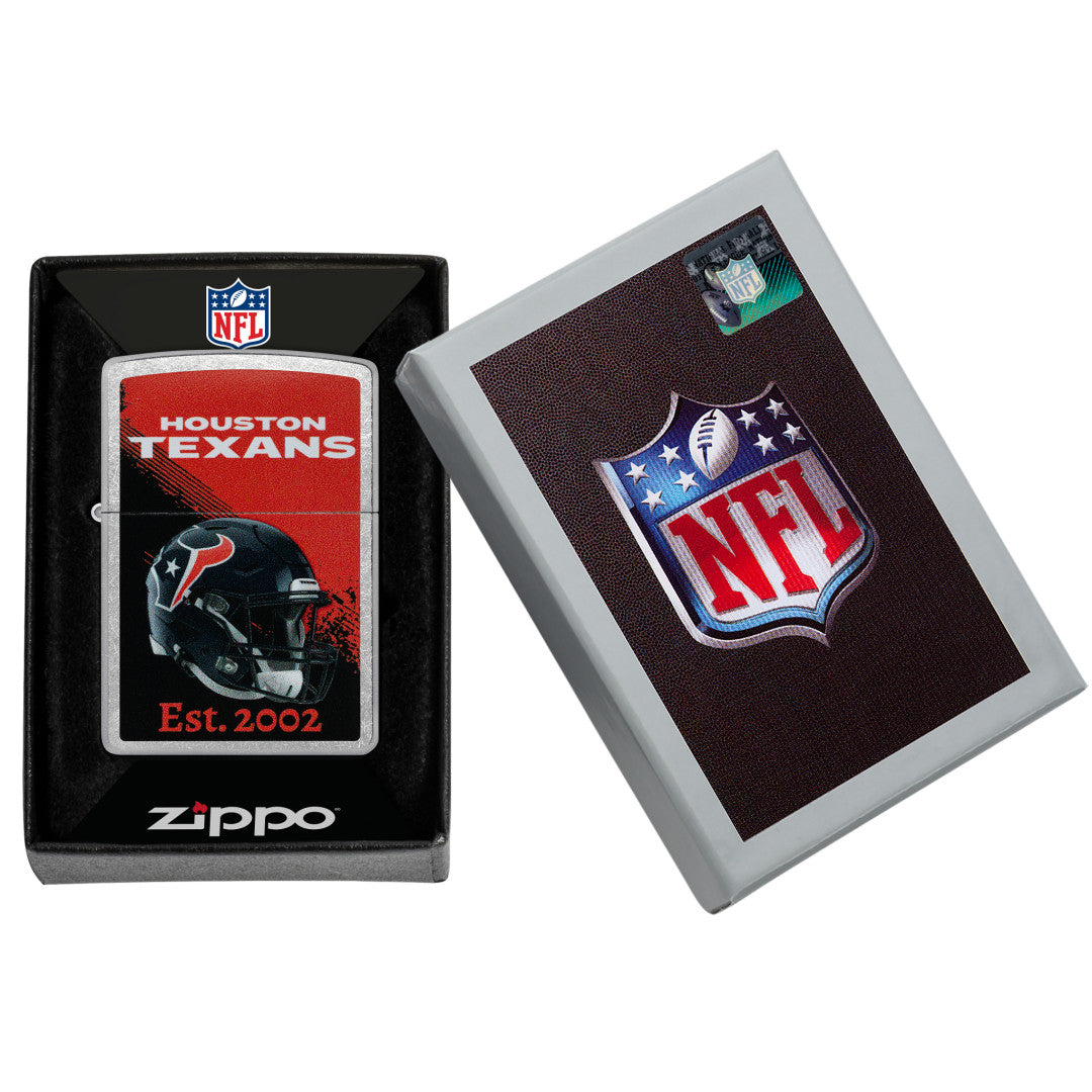 Zippo NFL Houston Texans Helmet Design Street Chrome Windproof Lighter in its packaging.