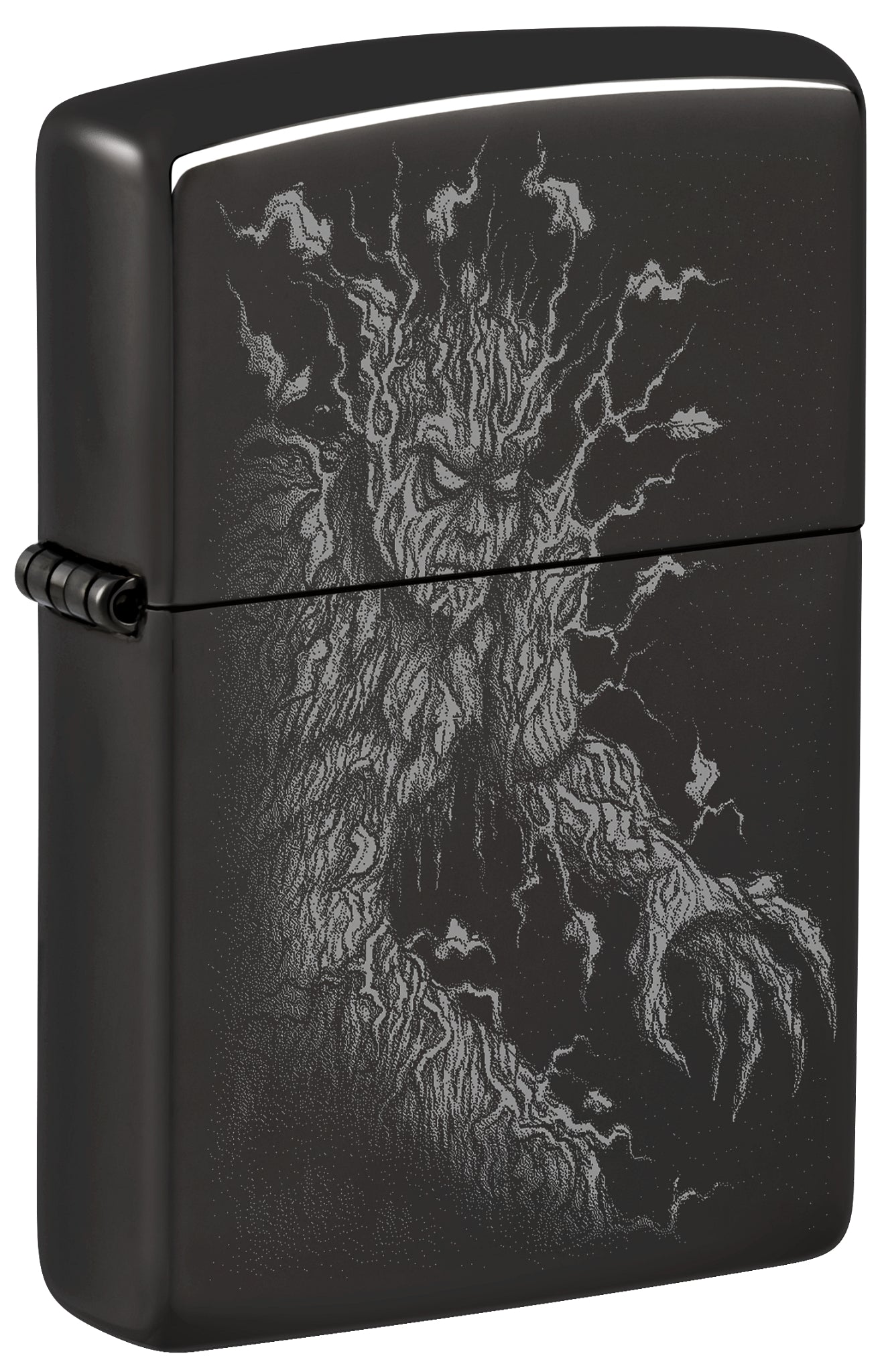 Front shot of Zippo Root of All Evil Design High Polish Black Windproof Lighter standing at a 3/4 angle.