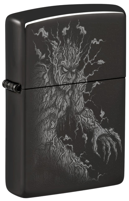 Front shot of Zippo Root of All Evil Design High Polish Black Windproof Lighter standing at a 3/4 angle.