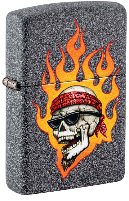 Front shot of Zippo Rietveld Flaming Skull Design Iron Stone Windproof Lighter standing at a 3/4 angle.