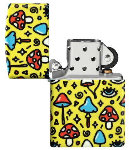 Zippo Eye Spy Design Glow-in-the-Dark Green Windproof Lighter with its lid open and unlit.