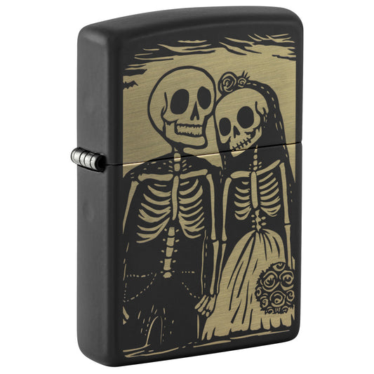 Front shot of Zippo Skeleton Wedding Design Black Matte Windproof Lighter standing at a 3/4 angle.