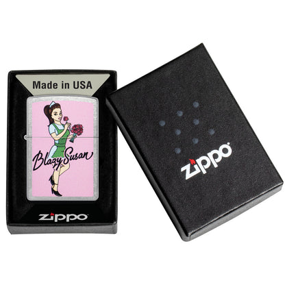 Zippo Blazy Susan Bouquet Design Street Chrome Windproof Lighter in its packaging.