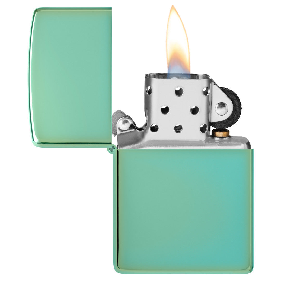 Classic High Polish Green Windproof Lighter with its lid open and lit.
