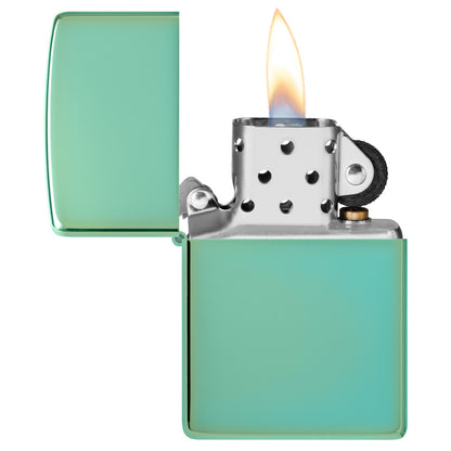 Classic High Polish Green Windproof Lighter with its lid open and lit.
