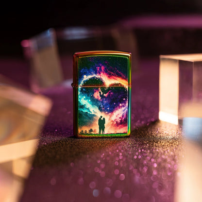 Lifestyle image of Zippo Cosmic Love Design Multi Color Windproof Lighter standing on a purple shimmery surface surrounded by three gold translucent cubes. 

