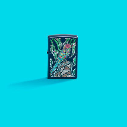 Lifestyle image of Zippo John Smith Gumbula Navy Matte Windproof Lighter on an aqua blue background.