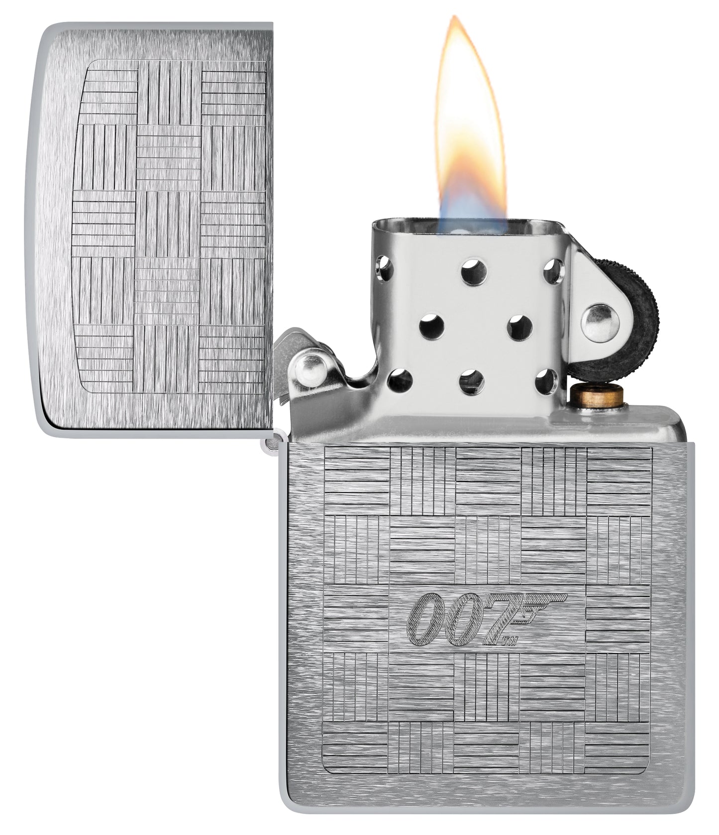 Zippo James Bond® Tuxedo Design Brushed Chrome Windproof Lighter with its lid open and lit.