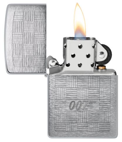 Zippo James Bond® Tuxedo Design Brushed Chrome Windproof Lighter with its lid open and lit.