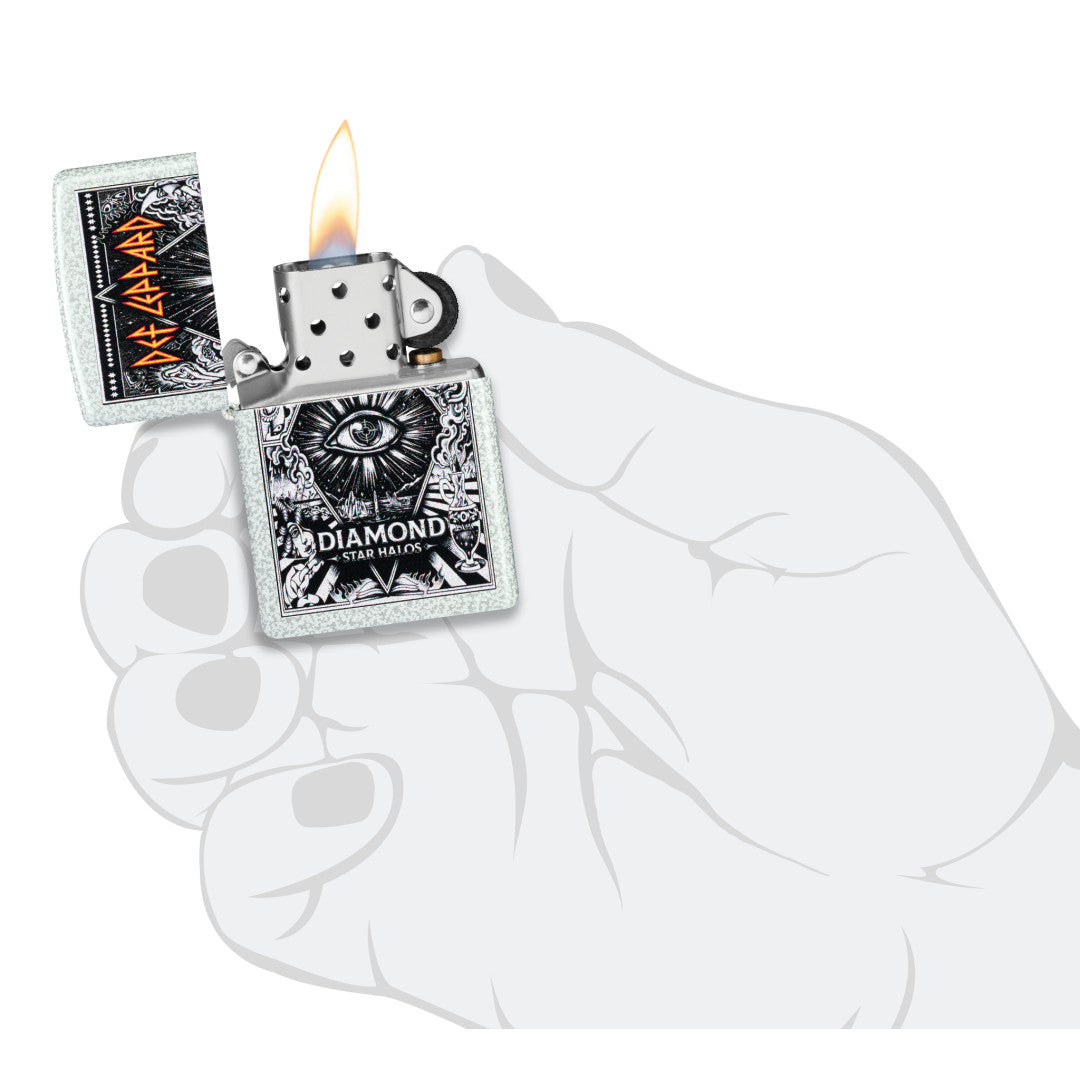 Zippo Def Leppard Diamond Star Halos Design Glacier Windproof Lighter lit in hand.