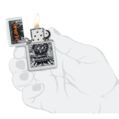 Zippo Def Leppard Diamond Star Halos Design Glacier Windproof Lighter lit in hand.