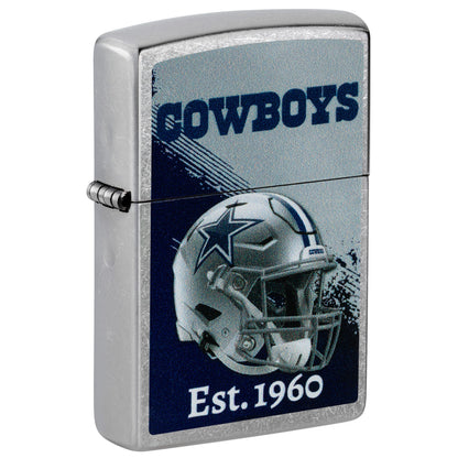 Front shot of Zippo NFL Dallas Cowboys Helmet Design Street Chrome Windproof Lighter standing at a 3/4 angle.