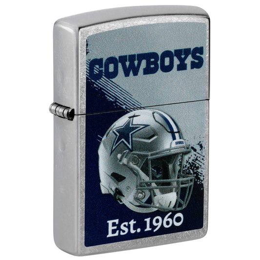 Front shot of Zippo NFL Dallas Cowboys Helmet Design Street Chrome Windproof Lighter standing at a 3/4 angle.