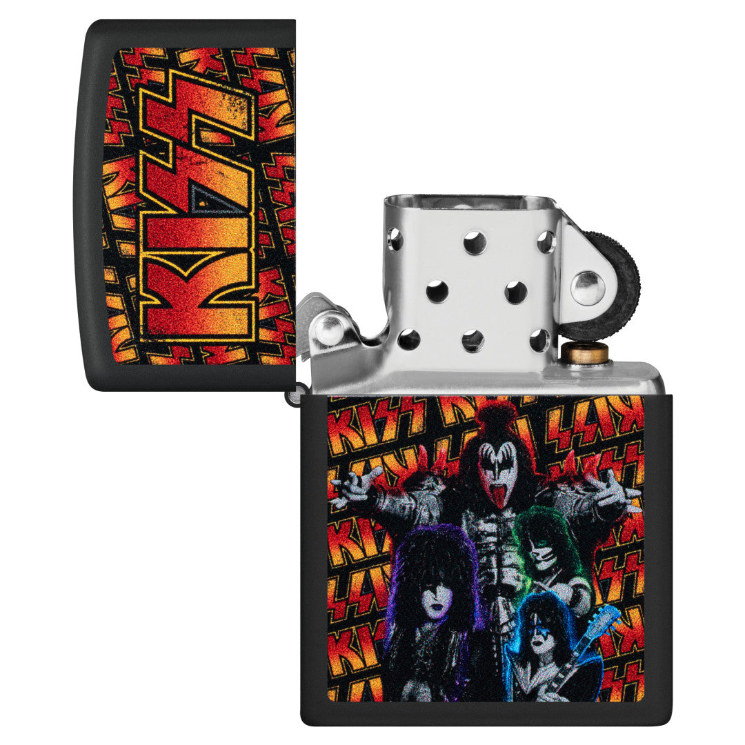 Zippo KISS® Poster Design Black Matte Windproof Lighter with its lid open and unlit.