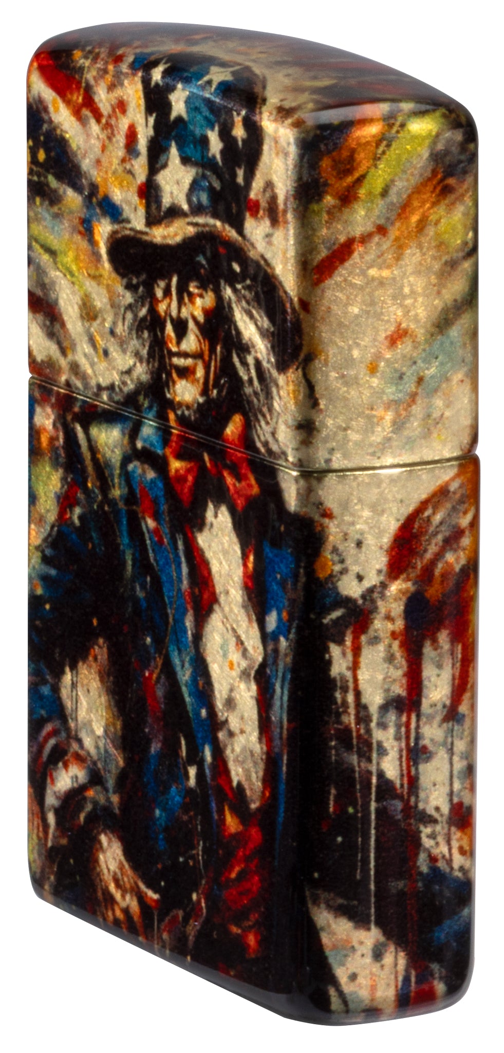 Angled shot of  Zippo Uncle Sam Fusion Design 540 Tumbled Brass Windproof Lighter showing the front and non-hinge side of the lighter.
