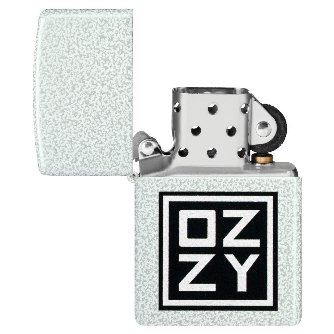 Zippo Ozzy Osbourne Block Design Glacier Windproof Lighter with its lid open and unlit.
