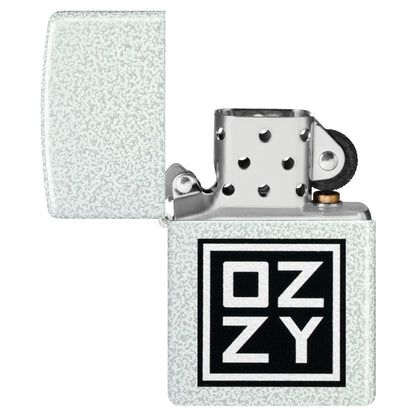 Zippo Ozzy Osbourne Block Design Glacier Windproof Lighter with its lid open and unlit.