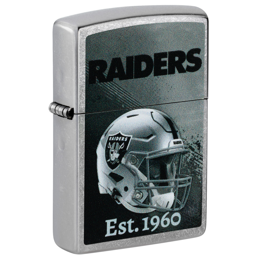 Front shot of Zippo NFL Las Vegas Raiders Helmet Design Street Chrome Windproof Lighter standing at a 3/4 angle.