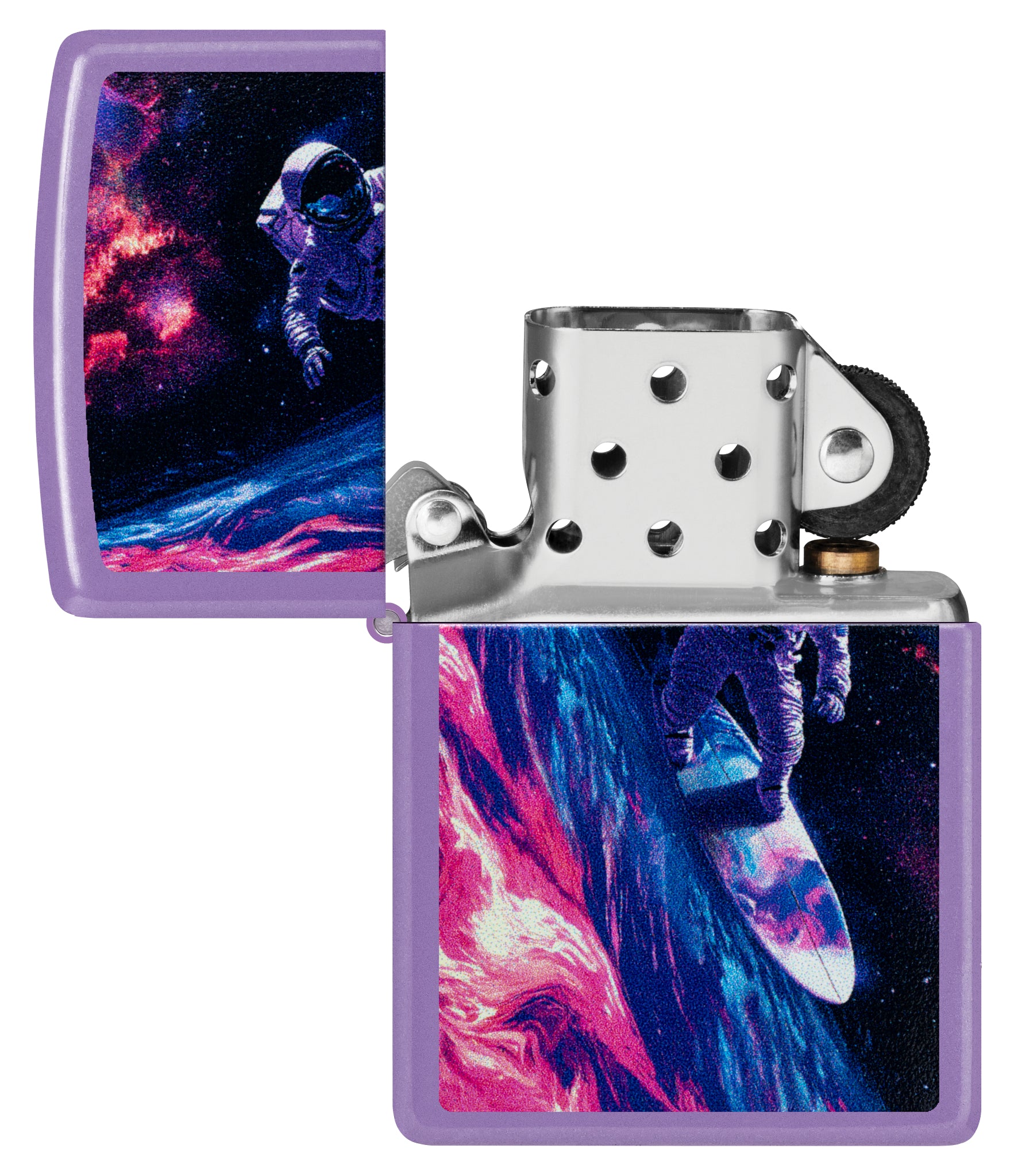 Zippo Star Surfer Design Smoky Lavender Windproof Lighter with its lid open and unlit.