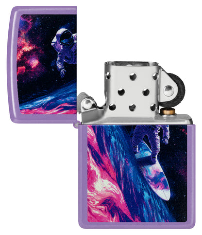 Zippo Star Surfer Design Smoky Lavender Windproof Lighter with its lid open and unlit.