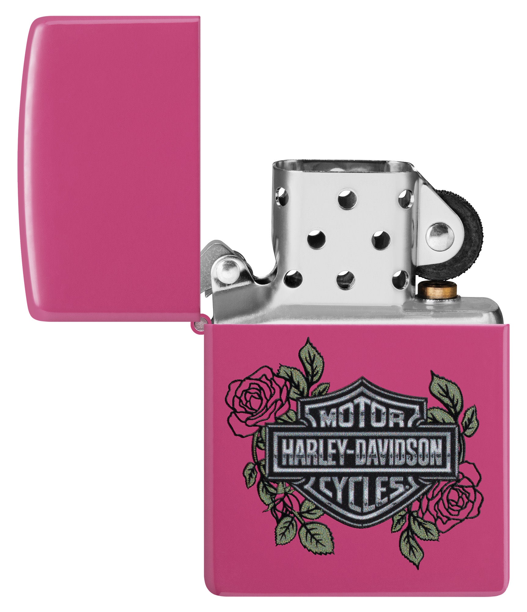 Zippo Harley-Davidson® Roses Frequency Windproof Lighter with its lid open and unlit.