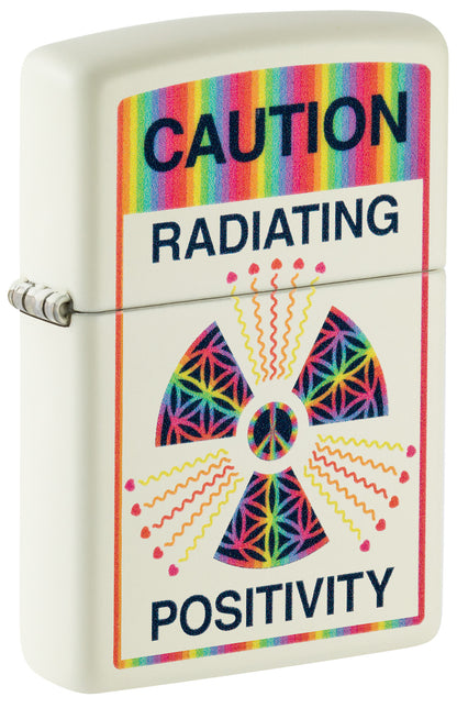 Front shot of Zippo Glowing Positivity Design Glow in the Dark Windproof Lighter standing at a 3/4 angle.