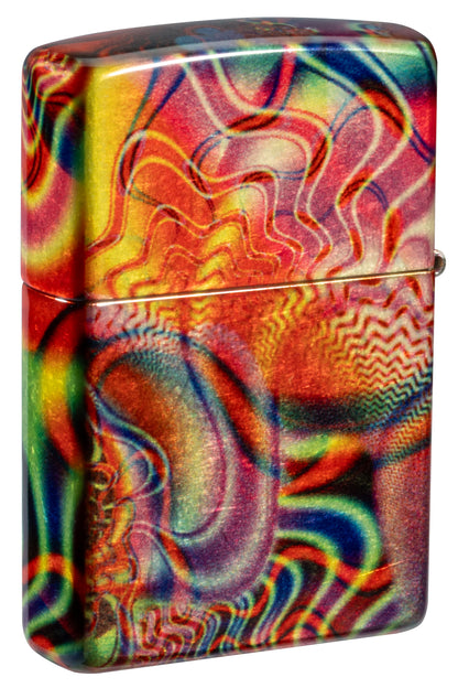 Back view of Zippo Fusion Waves Design 540 Tumbled Brass Windproof Lighter standing at a 3/4 angle.