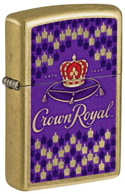 Front shot of Zippo Crown Royal® Bottle Design Street Brass Windproof Lighter standing at a 3/4 angle.