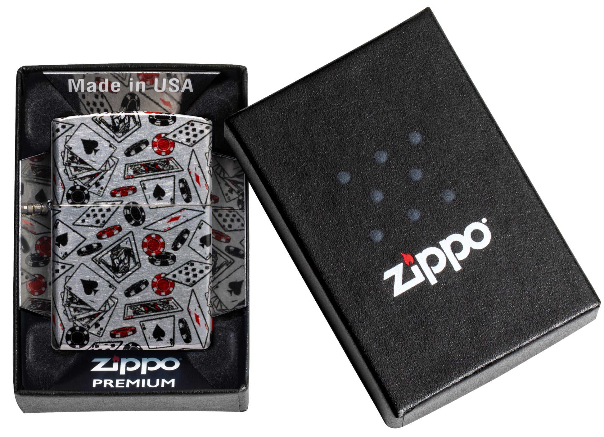 Zippo Let the Chips Fall Design 540 Tumbled Chrome Windproof Lighter in its packaging.