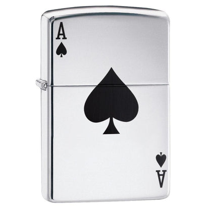 Black Ace of Spades Card High Polish Chrome Windproof Lighter 3/4 View