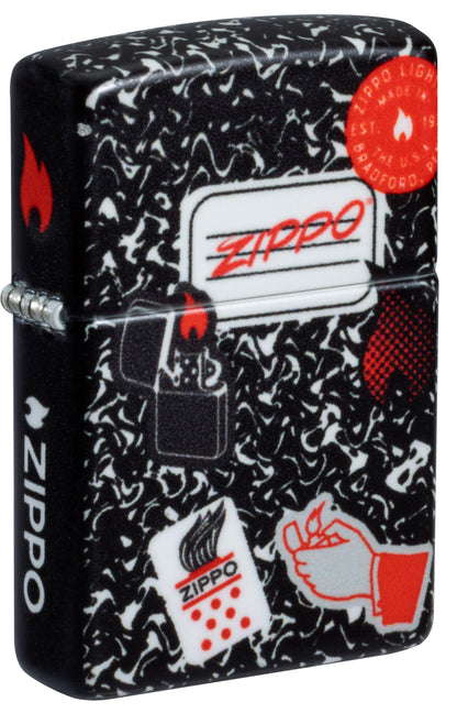 Front shot of Zippo Notebook Design 540 Matte Windproof Lighter standing at a 3/4 angle.