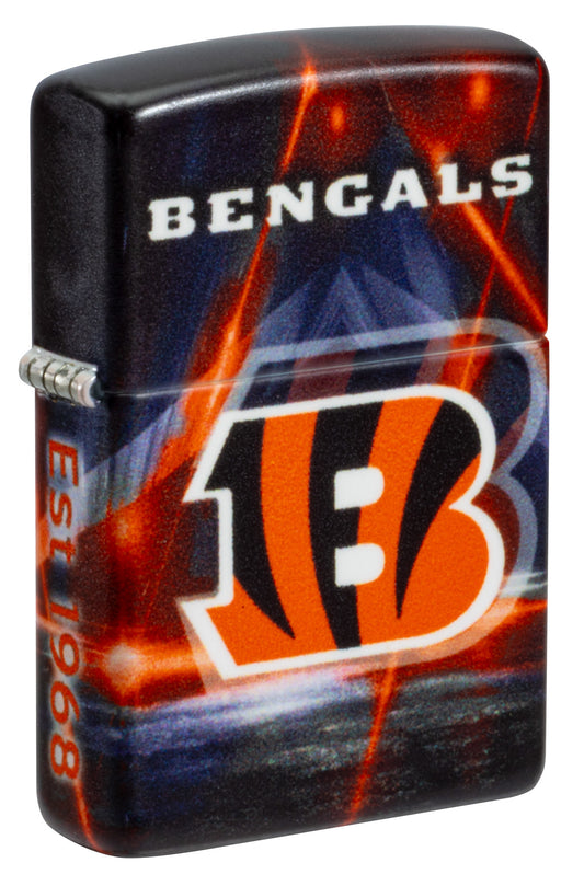 Front shot of Zippo NFL Cincinnati Bengals 540 Matte Windproof Lighter standing at a 3/4 angle.