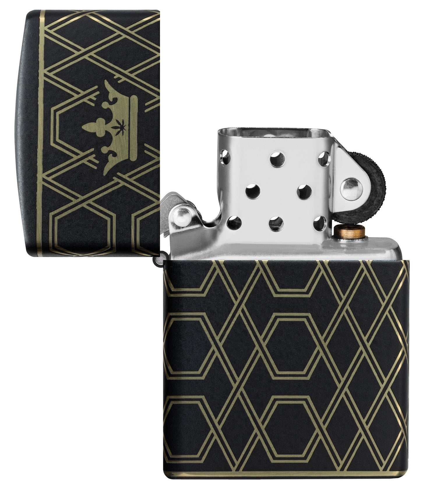 Zippo Queen Of Bud Geometric Design Black Matte Windproof Lighter with its lid open and unlit.