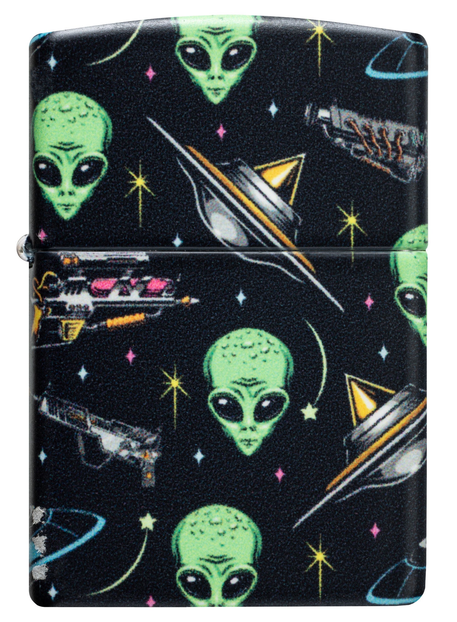 Front view of Zippo Alien Pattern Design 540 Matte Windproof Lighter.