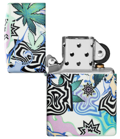 Zippo Abstract Cannabis Design Glow in the Dark Windproof Lighter with its lid open and unlit.