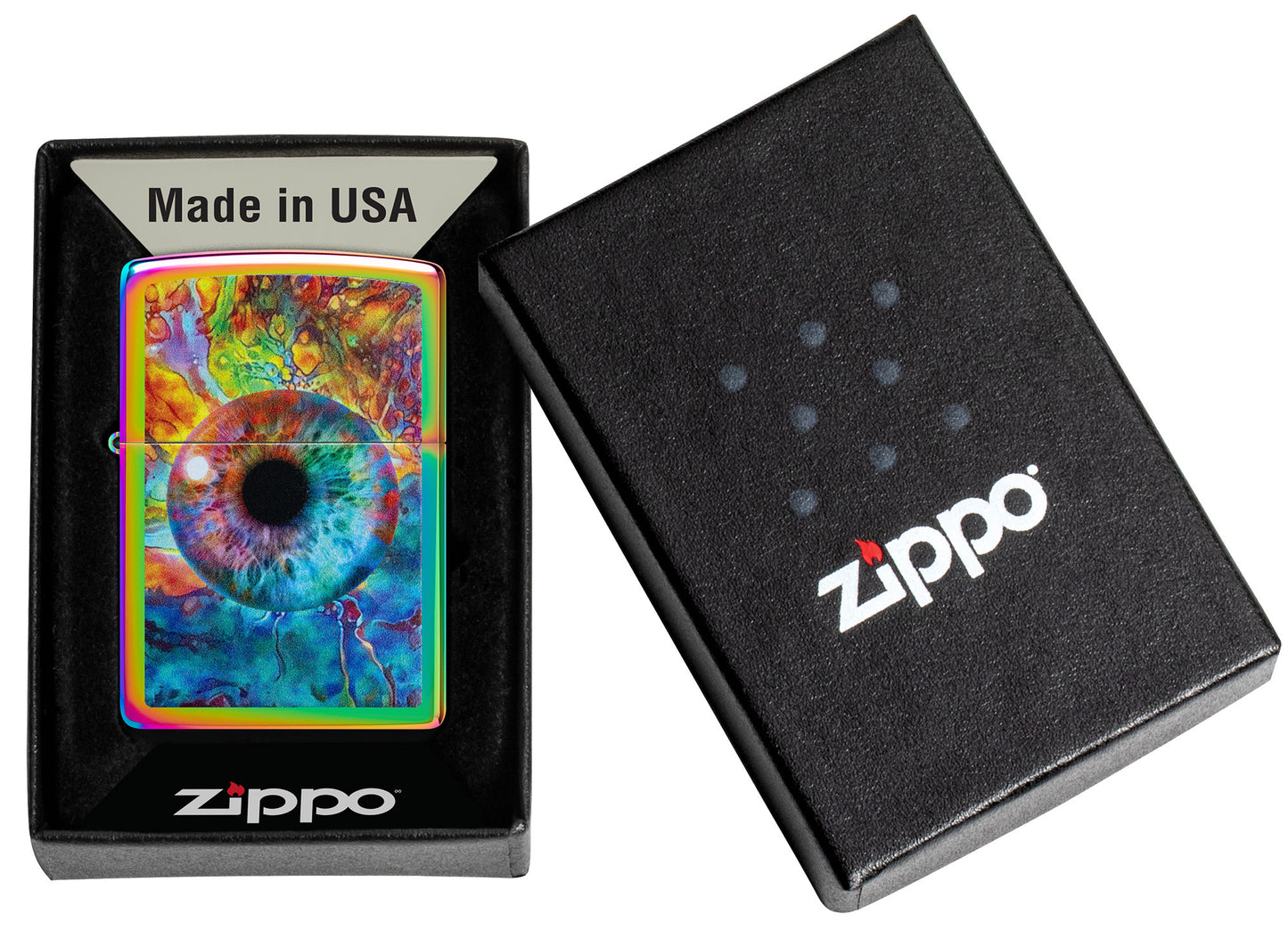 Zippo Spacey Eye Design Multi Color Windproof Lighter in its packaging.