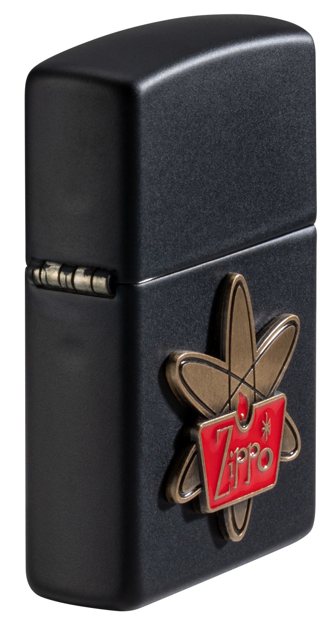 Angled shot of Zippo Atomic Zippo Design Black Matte Windproof Lighter showing the front and hinge side of the lighter.