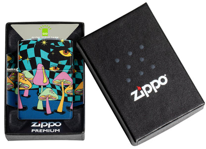 Zippo Mushroom Party Design Glow in the Dark Windproof Lighter in its packaging.