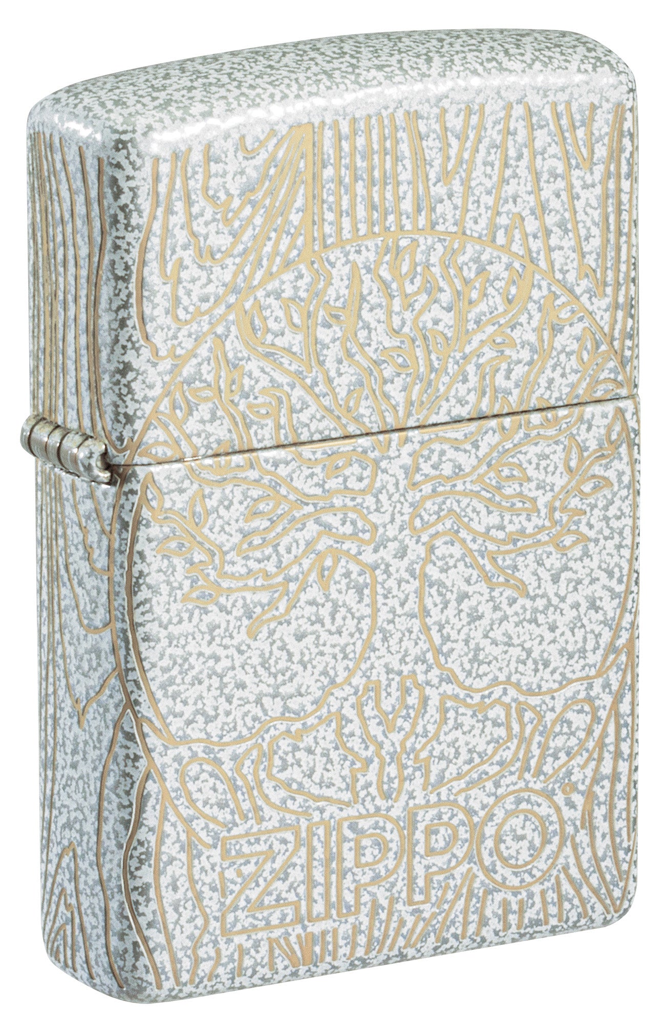 Front shot of Zippo Tree of Life Woodgrain Design Glacier Windproof Lighter standing at a 3/4 angle.