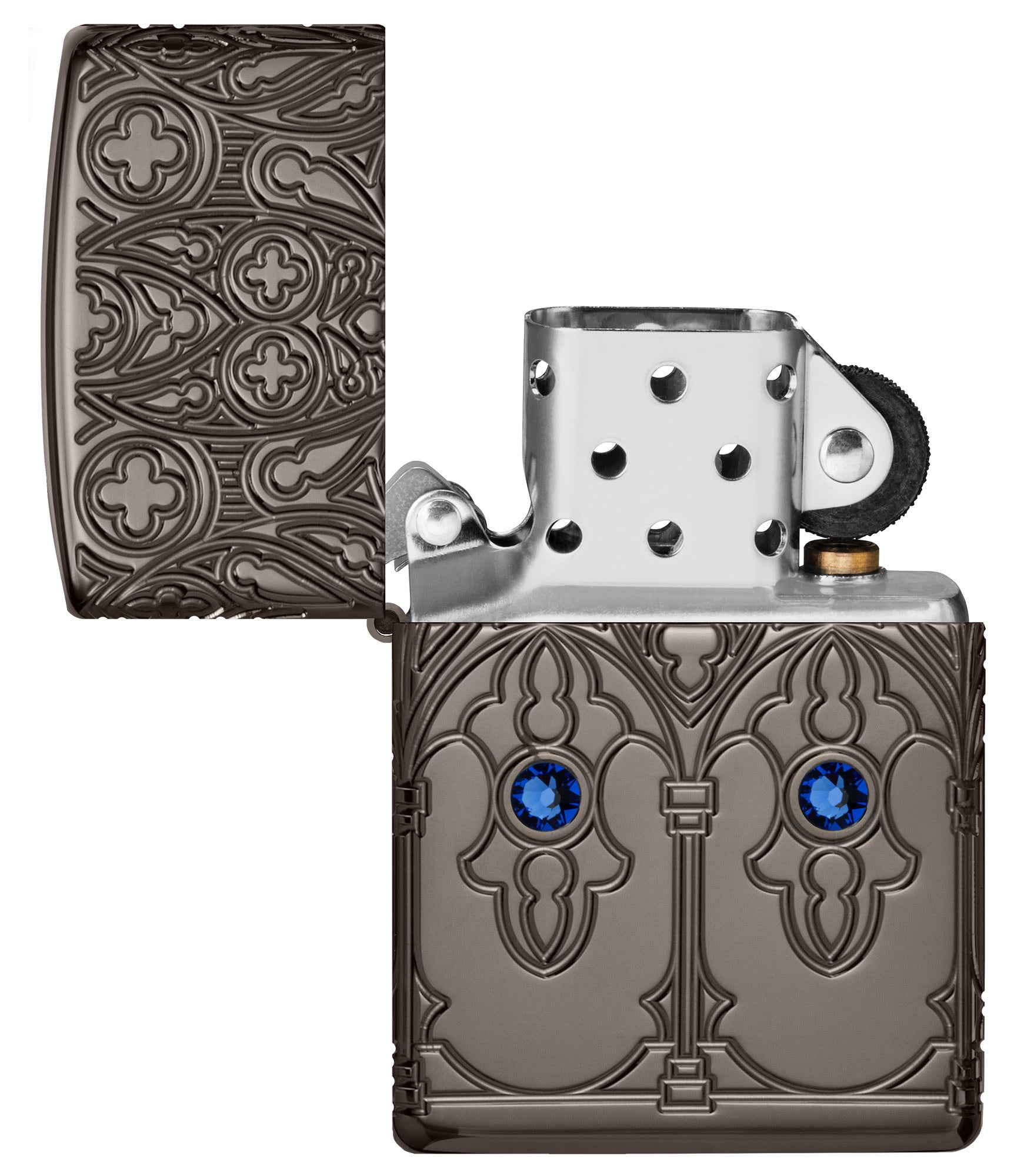 Zippo Gothic Window Design Armor® Black Ice® Windproof Lighter with its lid open and unlit.