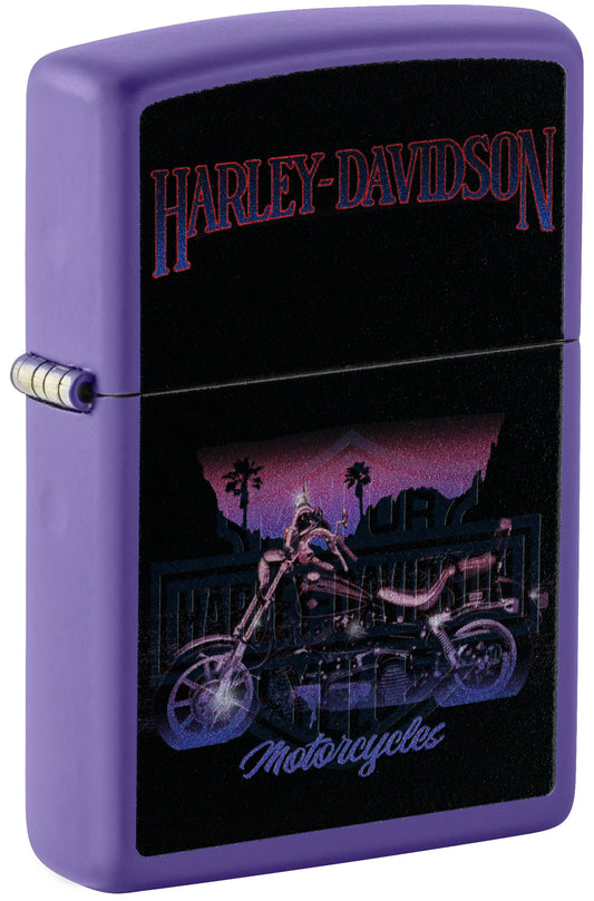 Front shot of Zippo Harley Davidson® Black Light Purple Matte Windproof Lighter standing at a 3/4 angle.