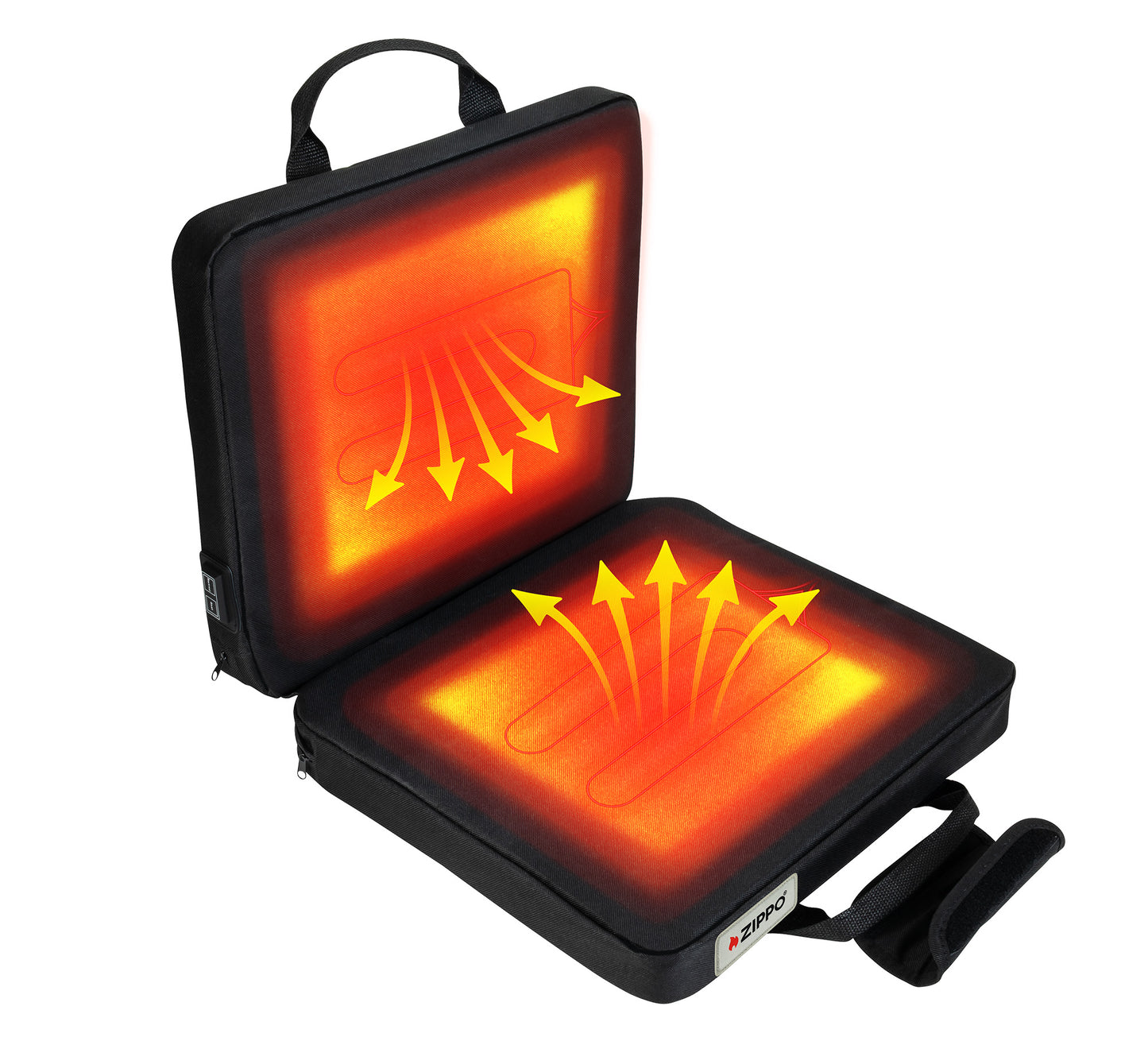 Angled view of Zippo Heated Seat - Double, while open, showing that the product is heated.
