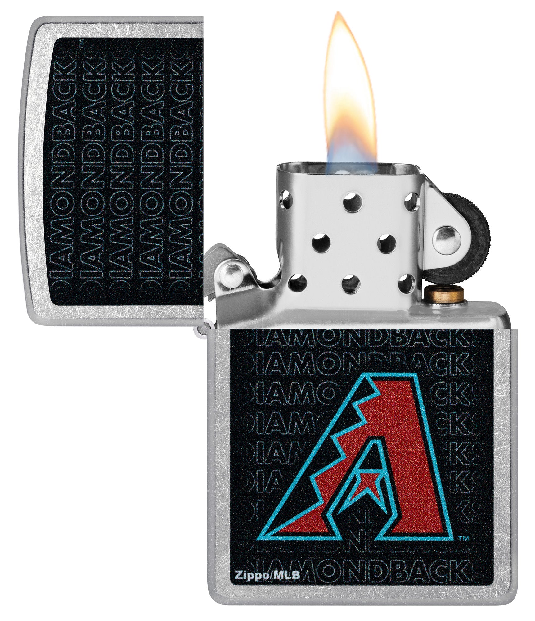 Zippo MLB® Arizona Diamondbacks Street Chrome Windproof Lighter with its lid open and lit.