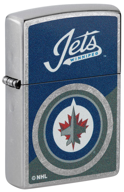 Front shot of Zippo NHL® Winnipeg Jets™ 2024 Street Chrome™ Windproof Lighter standing at a 3/4 angle.